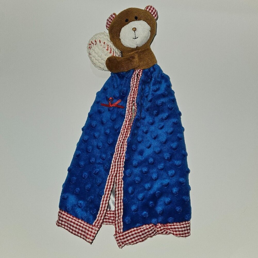 Mud Pie Brown Teddy Bear Baseball Lovey Plush Baby Toy Sports Blue Minky Dot